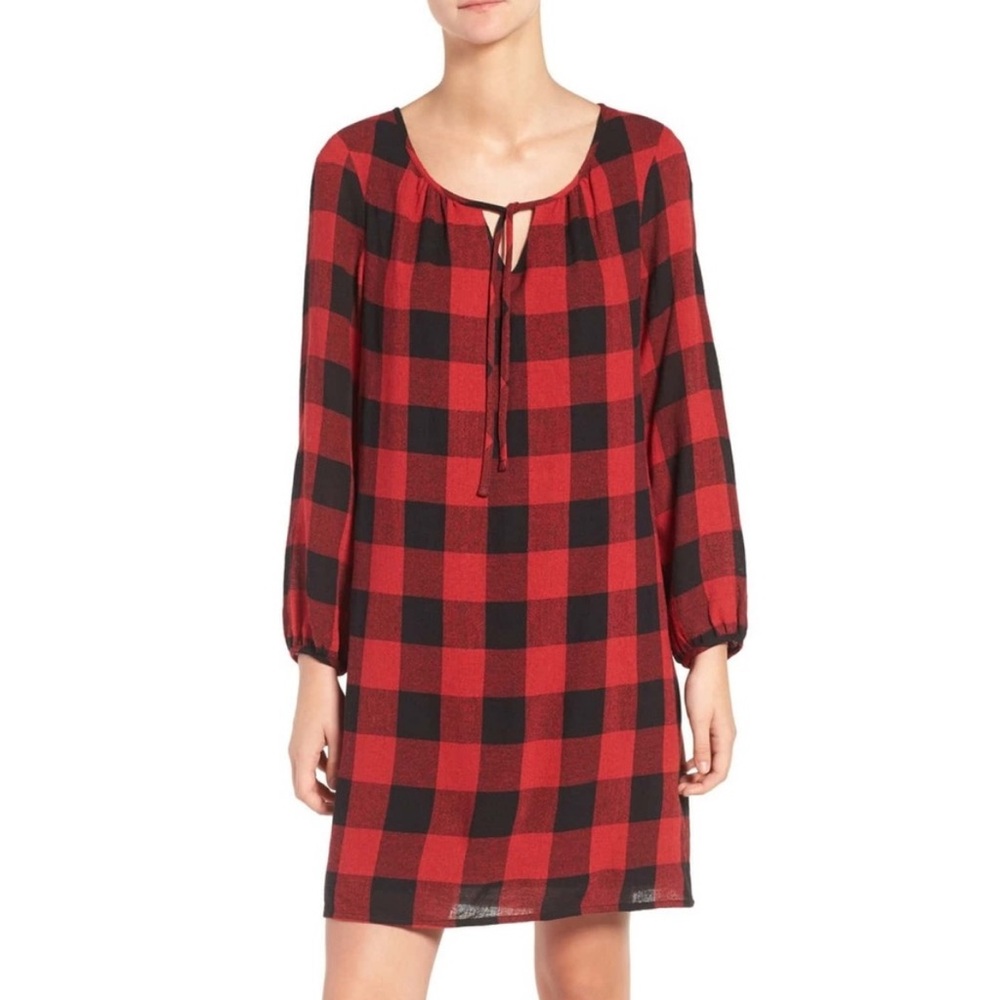 Madewell Wool Blend Red-Black Signal Buffalo Check Tunic Dress Size Medium